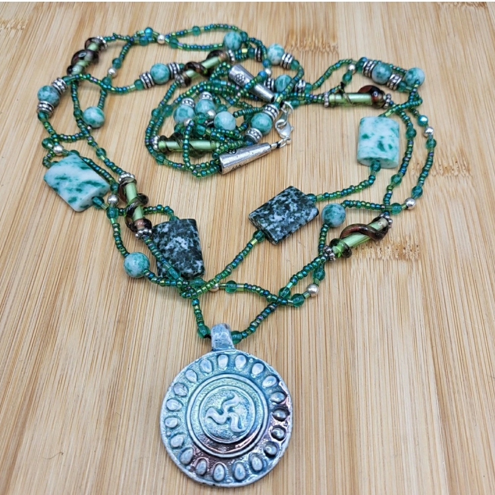 3 Strand Glass Beads, Tiles & Ceramic Disk Medallion Green Blue Artisan